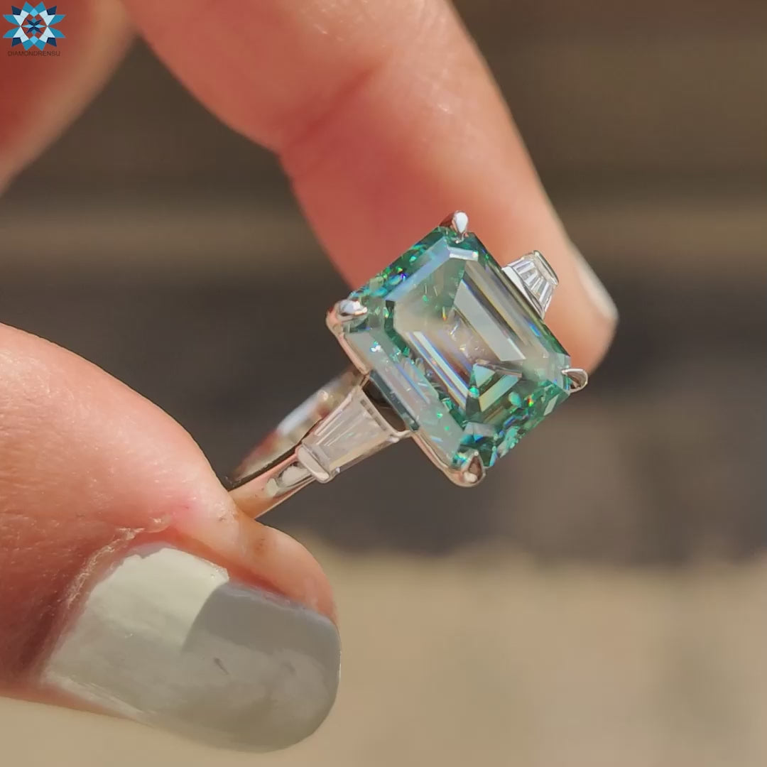 Cyan Blue Emerald Cut Moissanite Three Stone Engagement Ring