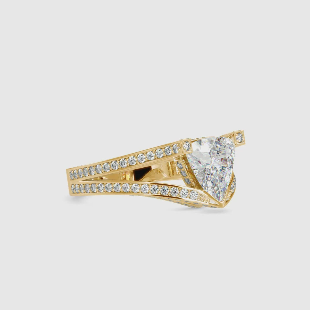 Elegant trillion diamond ring with a unique split shank design.