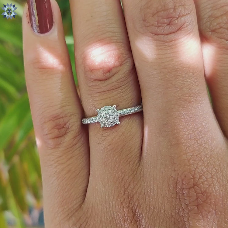 Four prong moissanite ring with halo frame.
