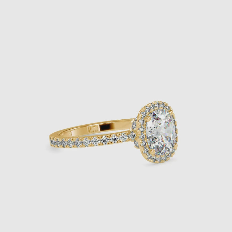 Lab grown cushion cut diamond ring with pave band.
