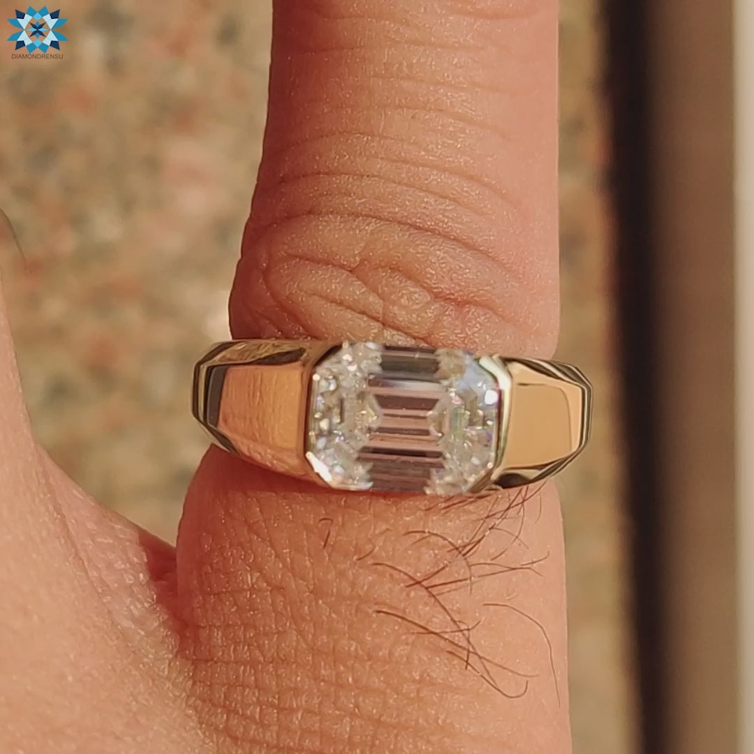 Statement Ring, 2.37 CT Emerald Cut Moissanite Half Bezel Solitaire Ring