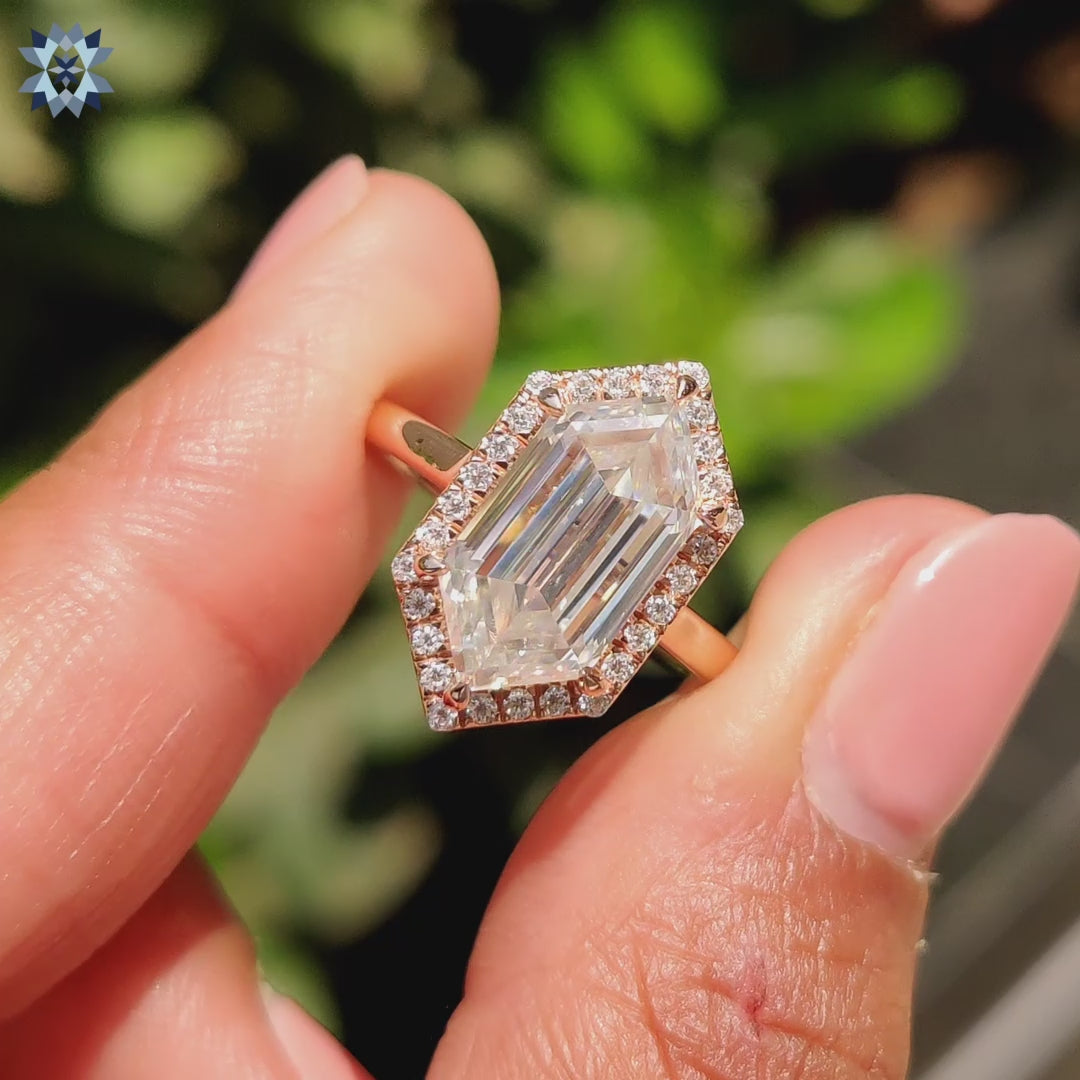 Halo ring crafted with round cut moissanite and open gallery setting.
