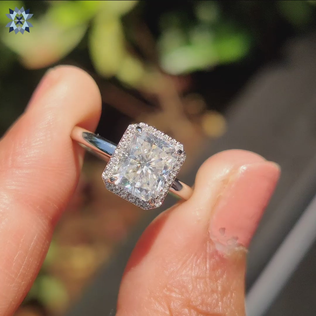 Radiant cut ring in halo setting ring style
