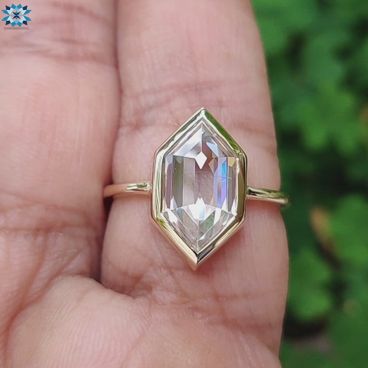 Handmade jewelry featuring hexagon rose cut moissanite.
