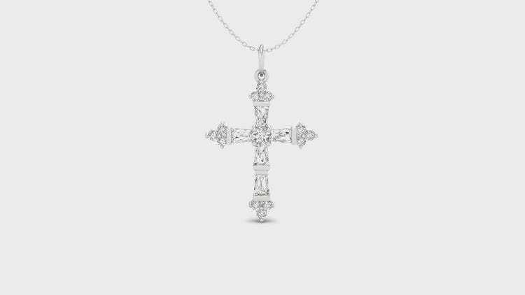 Classic gold cross pendant featuring round diamond and criss cross layout.