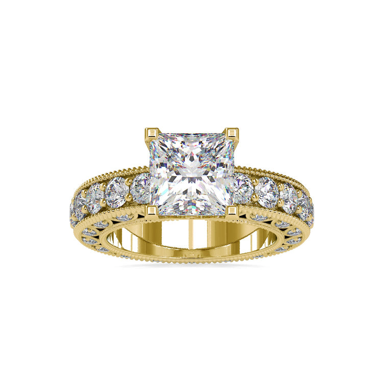 4 prong setting ring with custom design in yellow gold.

