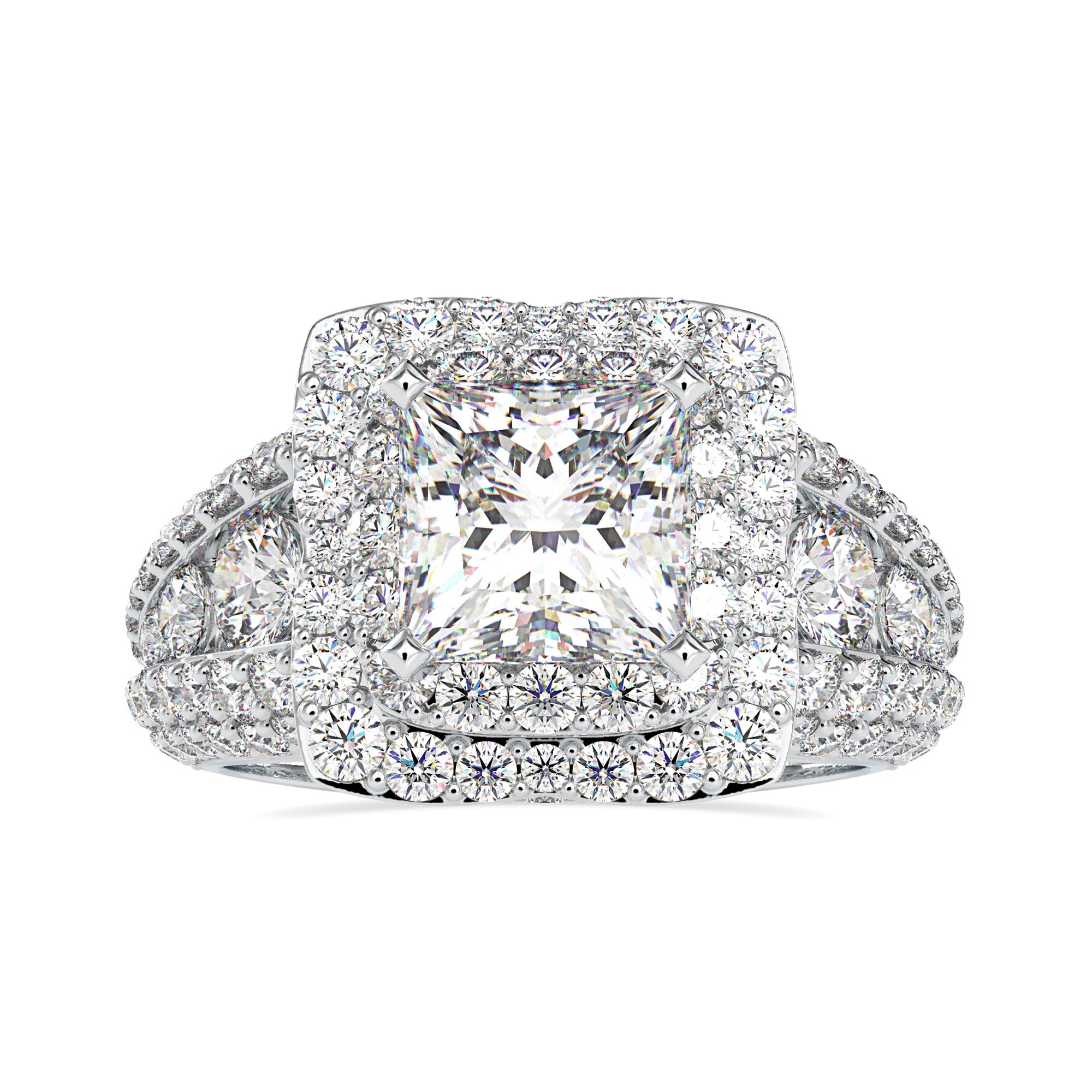 Double halo diamond ring with a stunning princess cut center stone.
