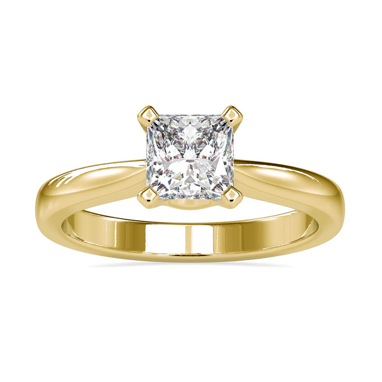 Rose gold engagement ring with princess cut solitaire diamond.
