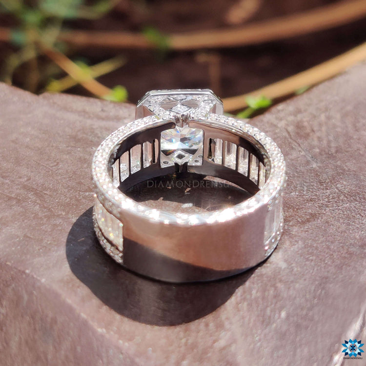 White gold moissanite ring in channel setting style.
