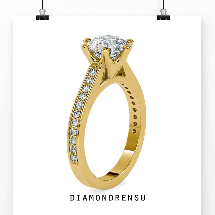 Cathedral ring with 6 round prong setting and IGI certified diamond.

