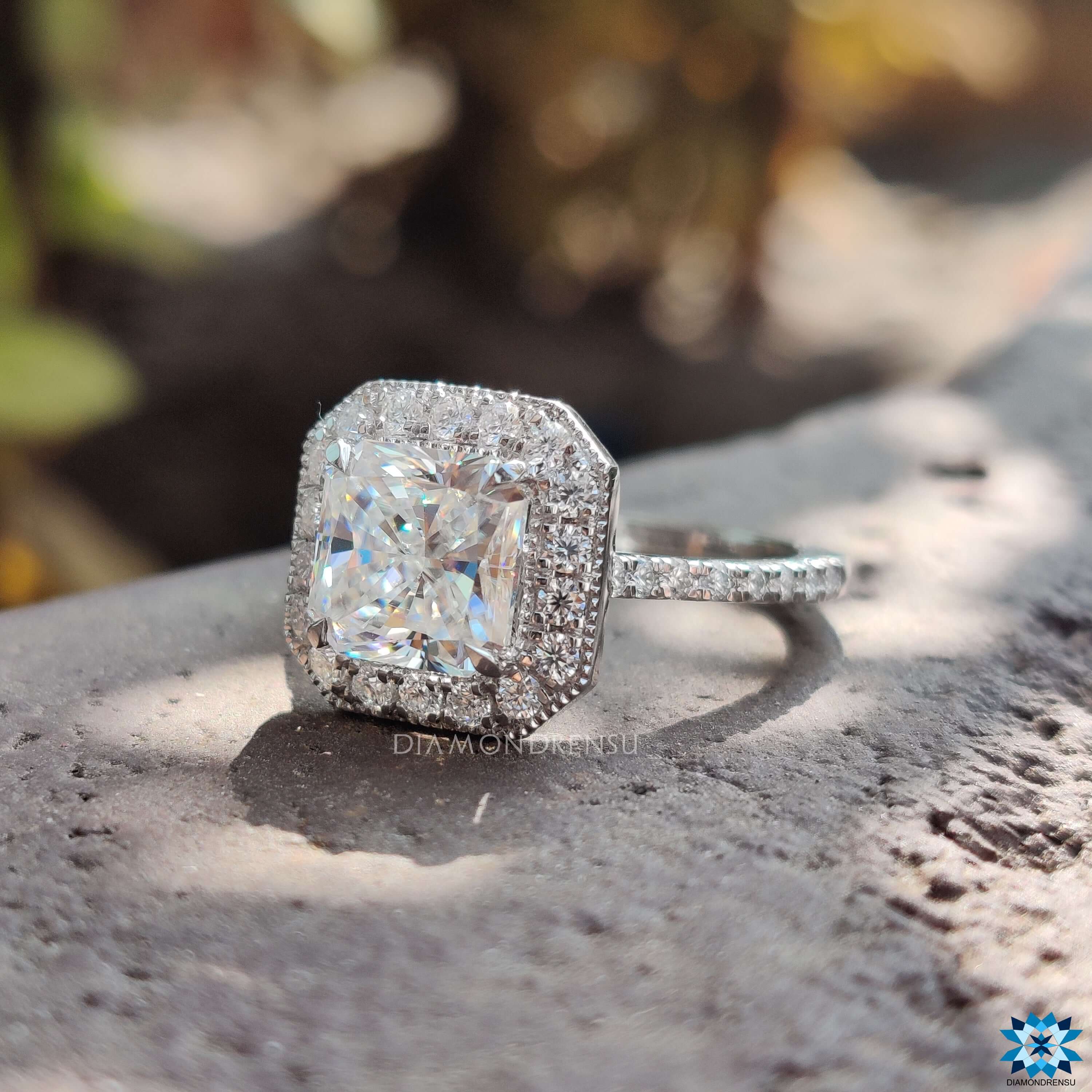 Pave setting ring with a radiant cut moissanite ring for added brilliance.