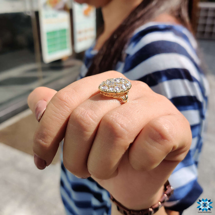 Round rose cut ring in yellow gold setting.
