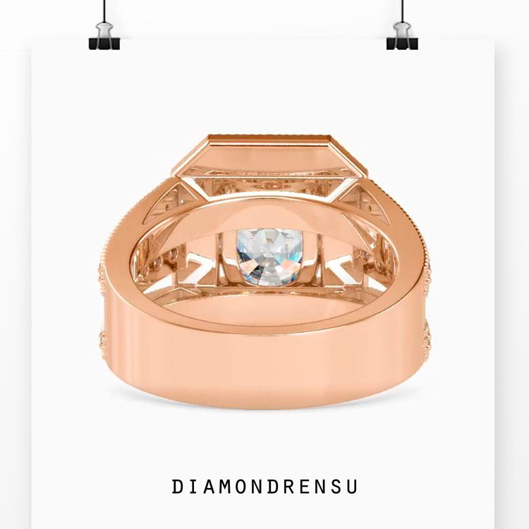 Handmade ring with cushion cut diamond and vintage style band.
