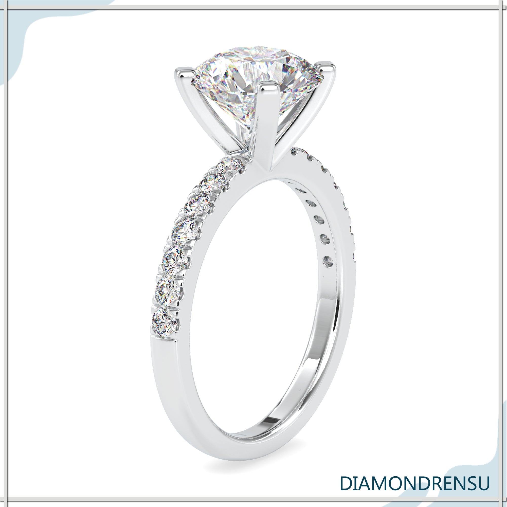 Pave engagement ring setting crafted to highlight the diamond's beauty.
