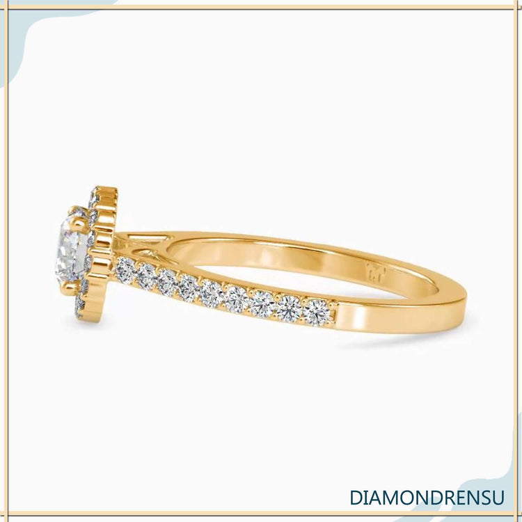 Lab grown diamond engagement ring featuring a pave setting band.
