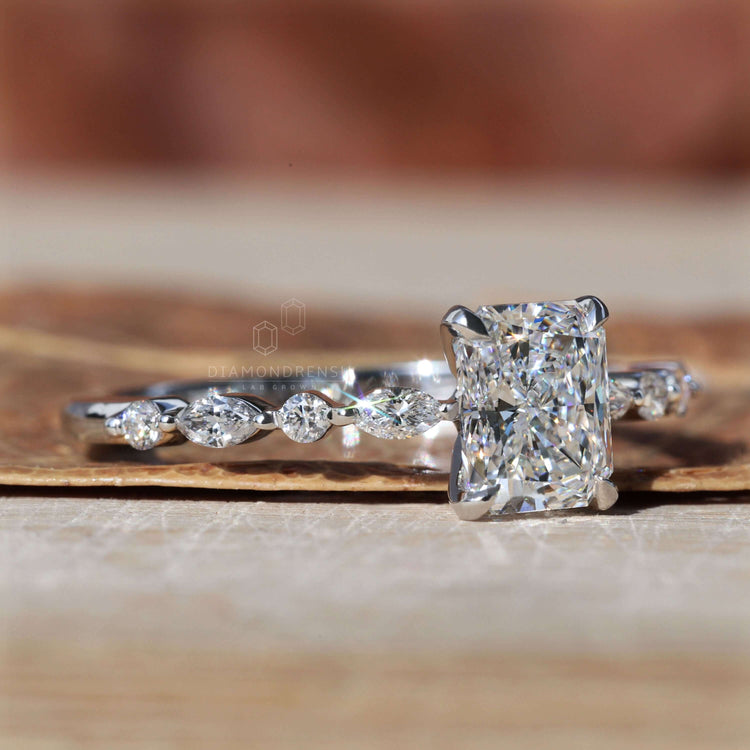 Radiant engagement ring featuring a beautiful pave diamond ring design, perfect for modern brides in the UK.
