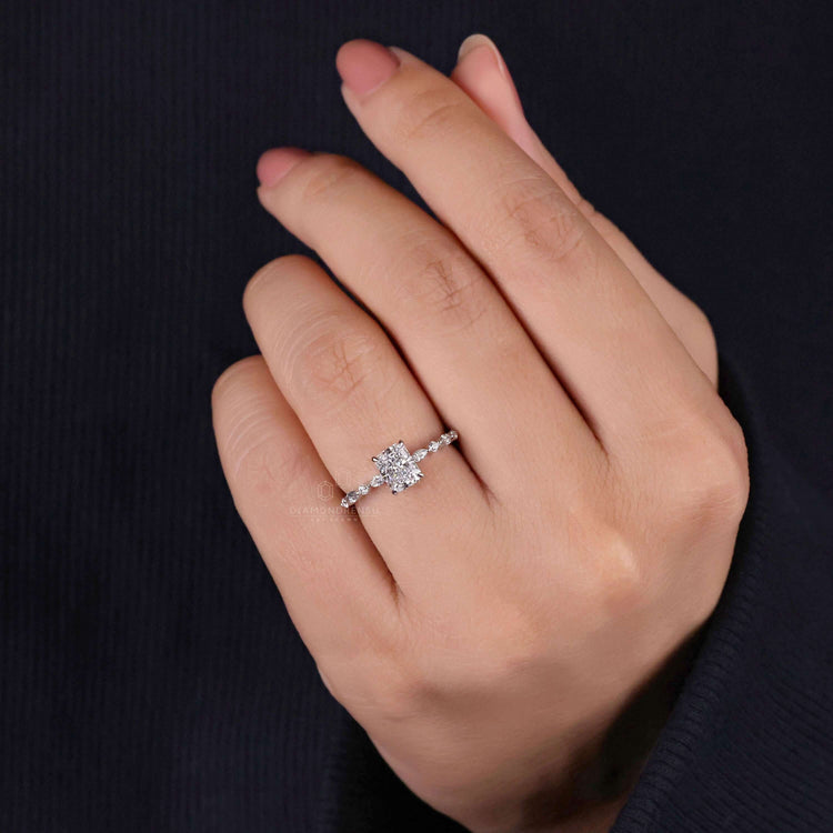Floating Bubble Pave Set Ring featuring a radiant cut diamond, ideal for a unique engagement ring design.
