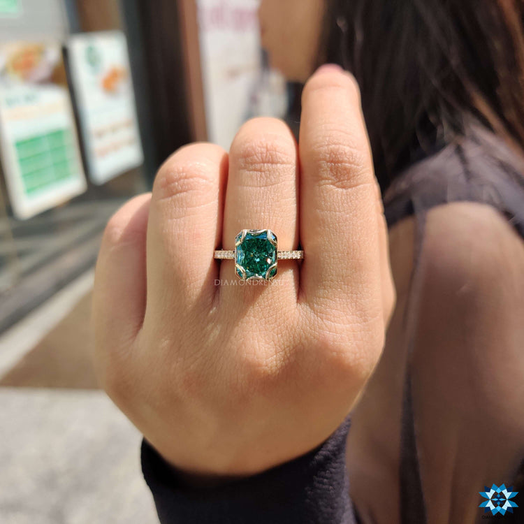Buy moissanite ring with pave and hidden details.
