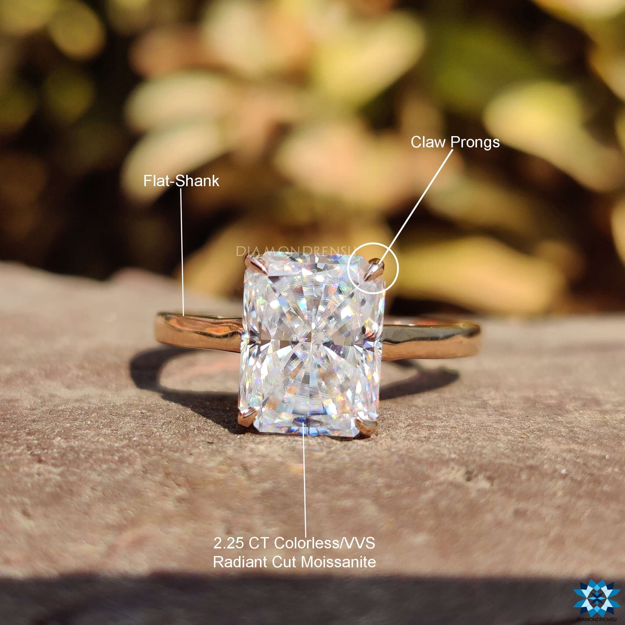 Radiant cut moissanite rose gold engagement ring set, perfect for a modern bridal look.
