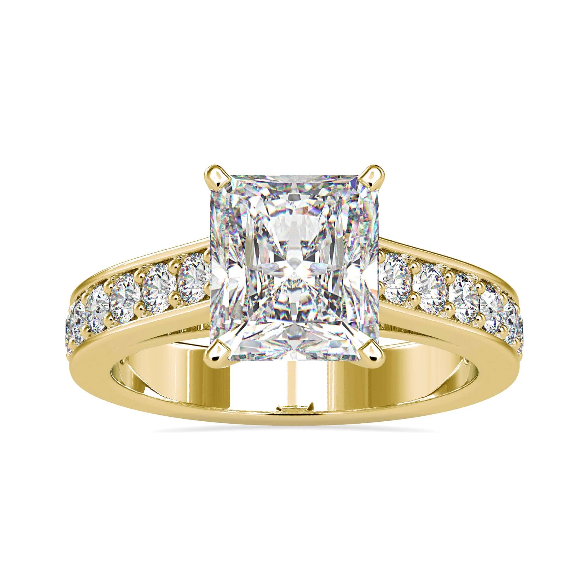 Cathedral ring setting with radiant cut diamond for engagement
