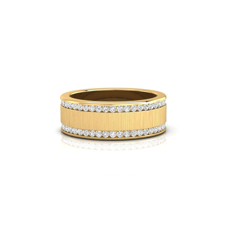 Eternity wedding band with round cut diamonds in channel setting.
