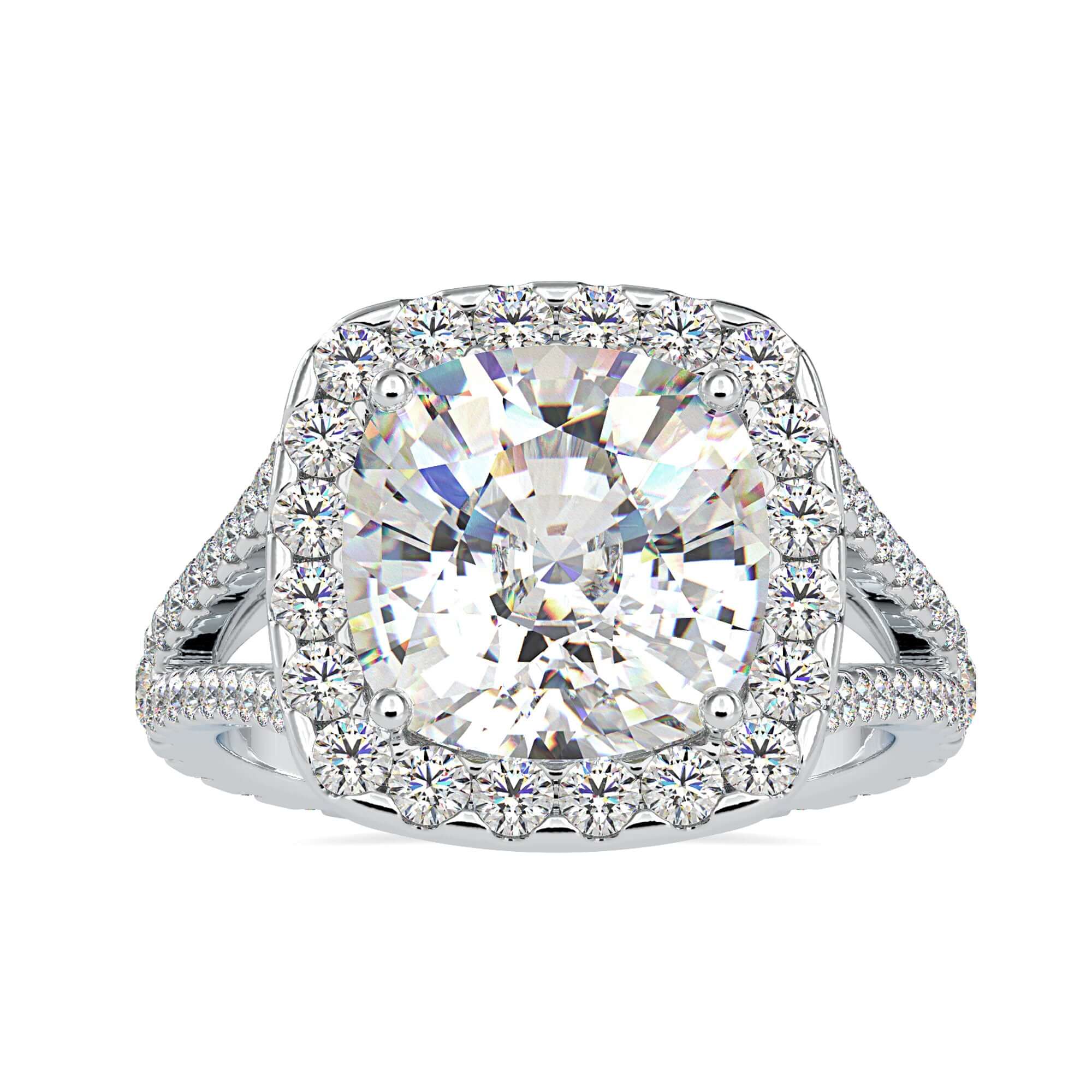 Pave Split Shank Engagement Ring with a Cushion Halo Setting.