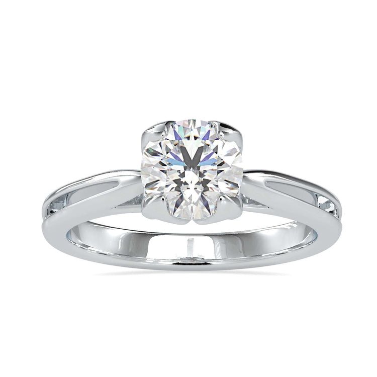 Solitaire setting with petal prongs holding a brilliant round diamond.

