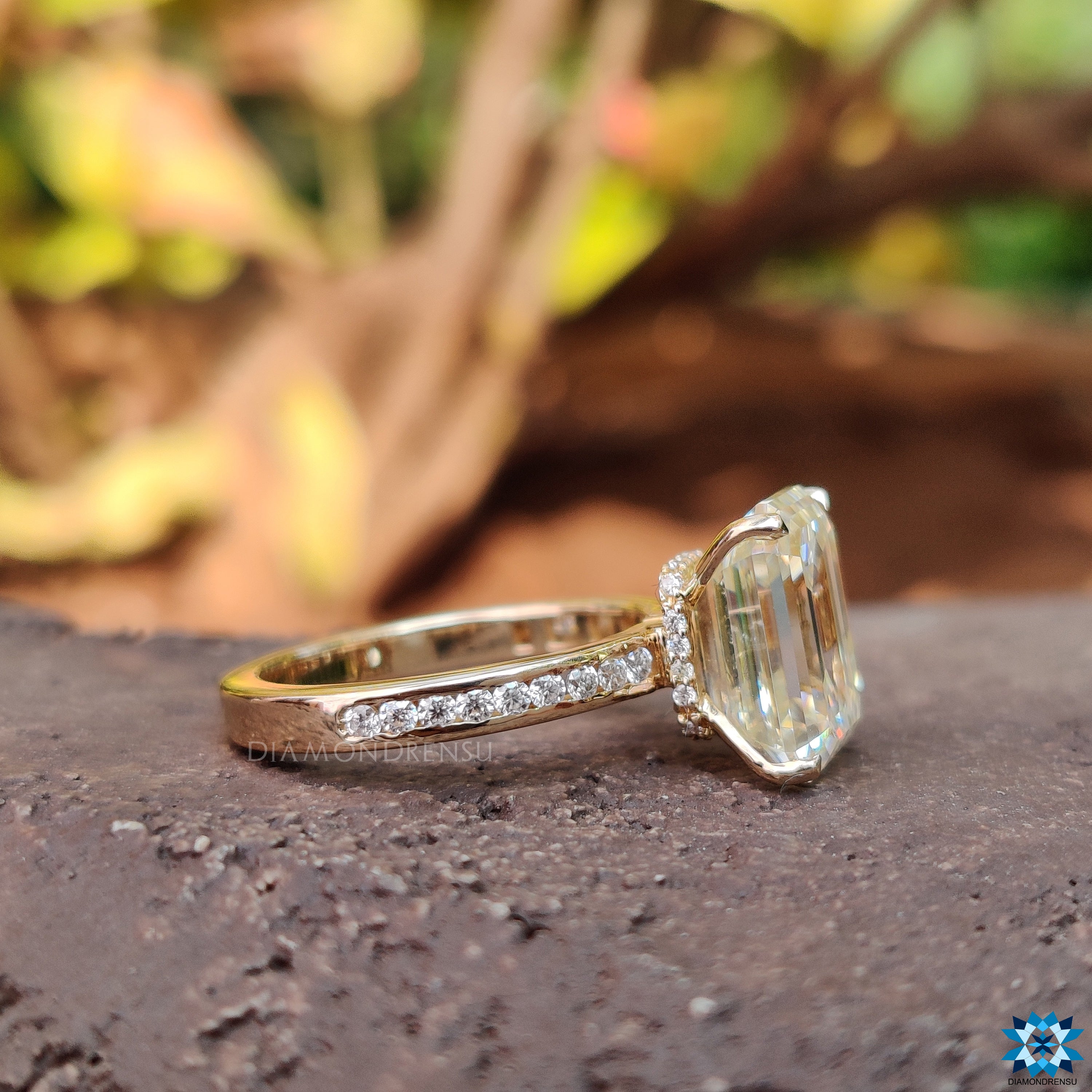 Buy moissanite ring with hidden halo and round pave detail band.
