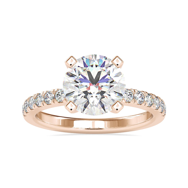 Round cut pave band ring in white gold finish.
