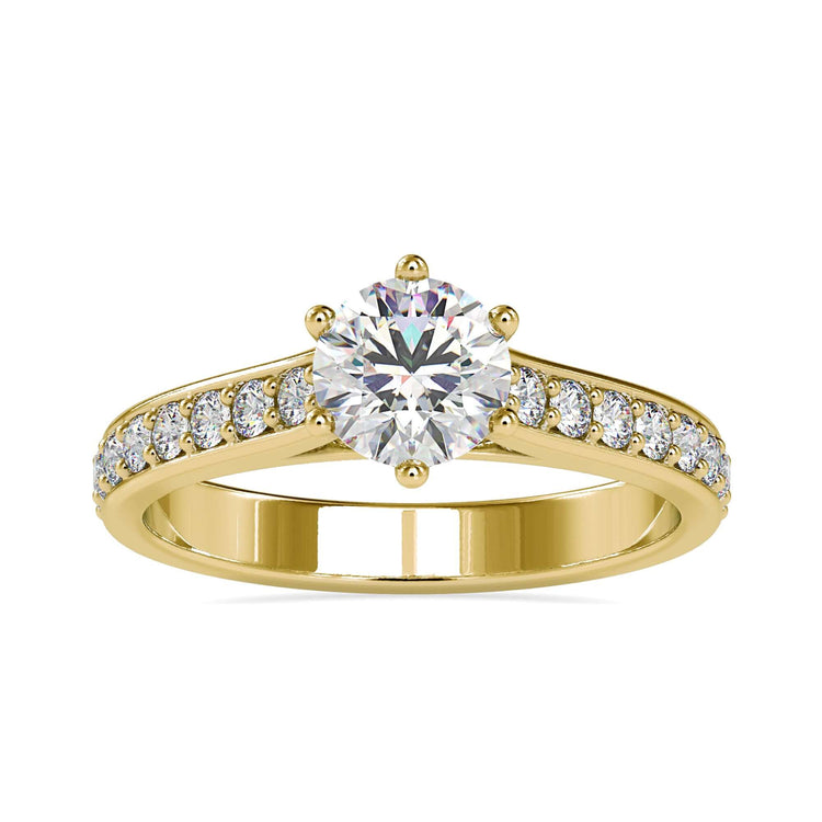 Buy engagement ring featuring round cut lab diamond in rose gold.
