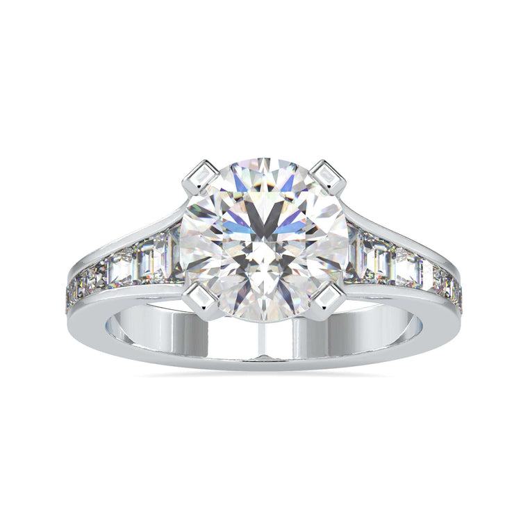 Simple diamond ring with round cut and pave setting.
