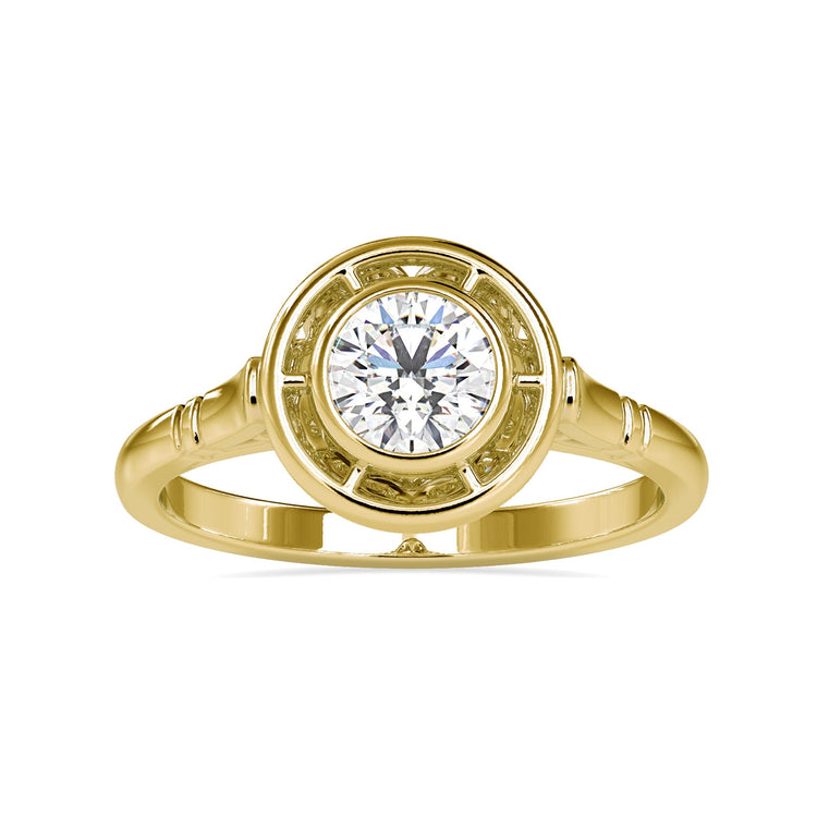 Designer ring featuring round cut in white gold bezel.
