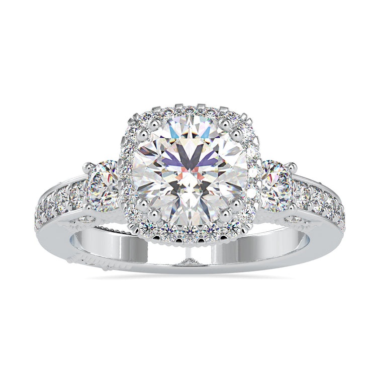3 stone round diamond ring with halo and pave setting.
