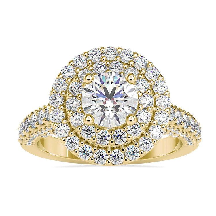 Round diamond double halo engagement ring in white gold.
