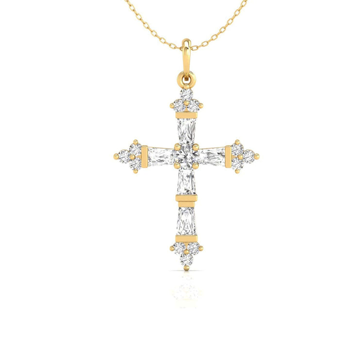 Bar setting cross pendant featuring round and tapered diamonds.
