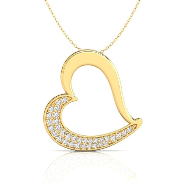 Diamond heart pendant in yellow gold with round cut stone.
