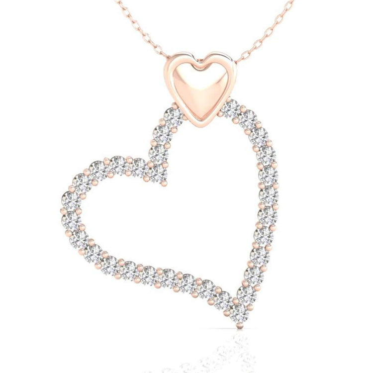 Heart shape pendant with round diamond in shared prong setting.
