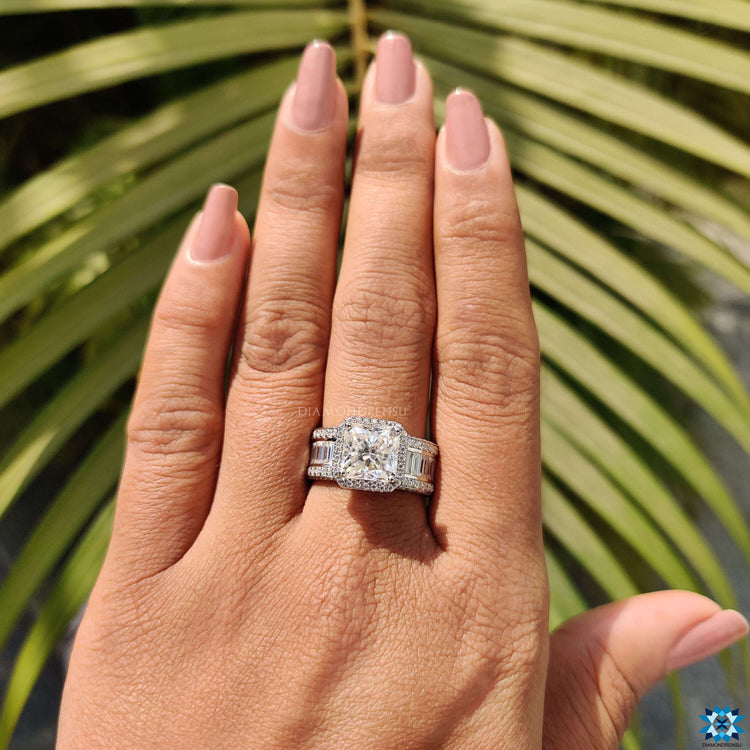 4 prong setting ring with radiant moissanite centerpiece.
