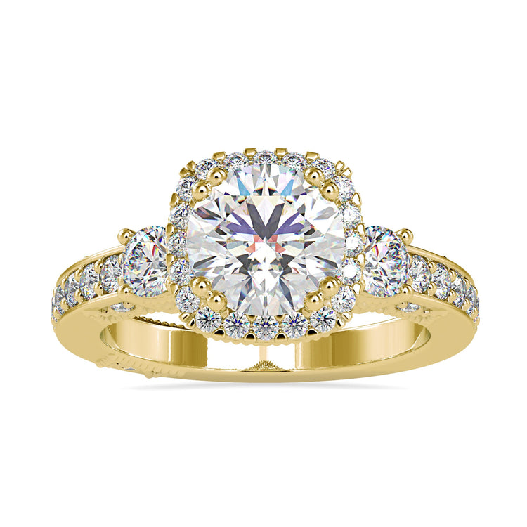 Simple diamond ring with 3 stones and custom halo design.
