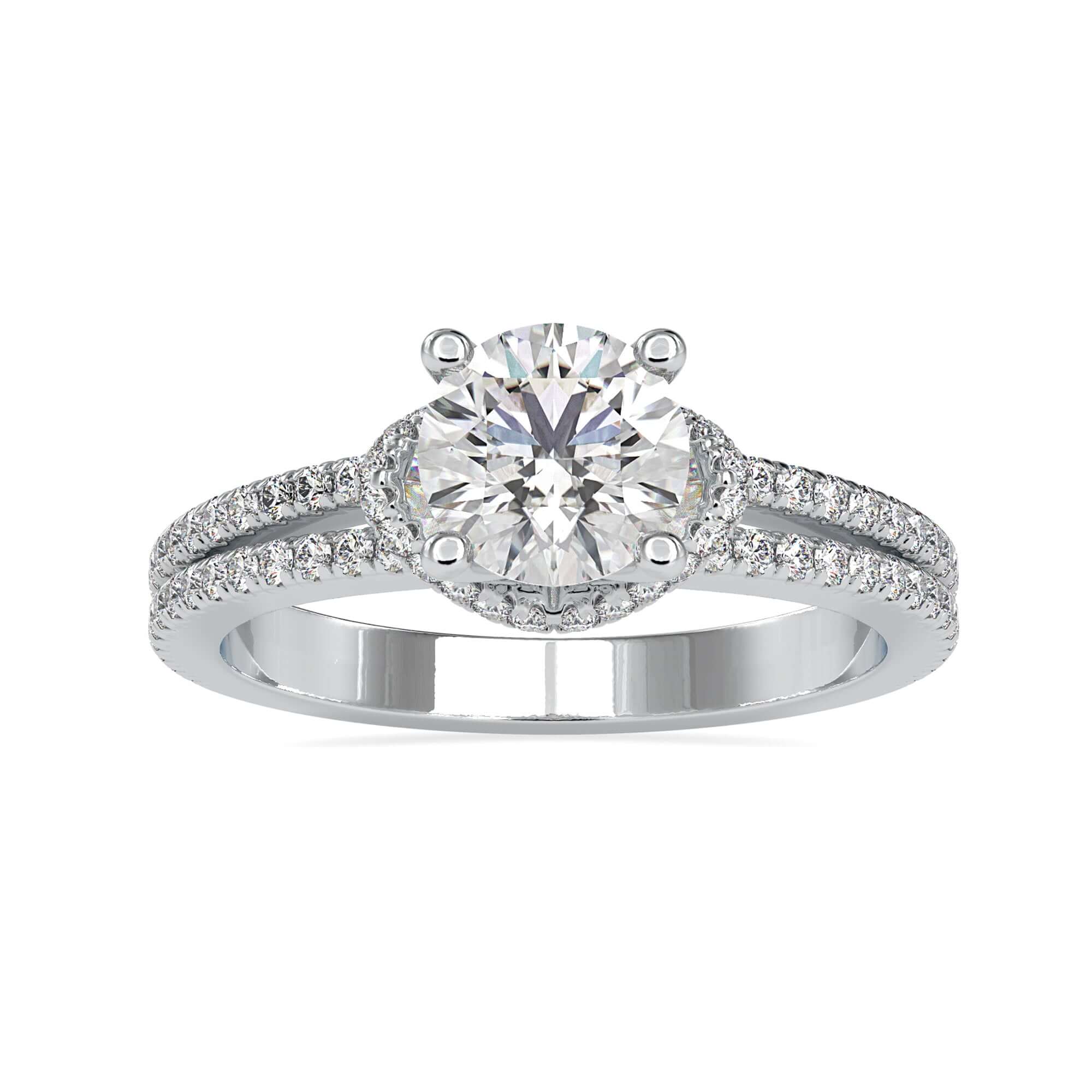 Pave diamond halo setting for a classic look with a split shank collar halo engagement ring.