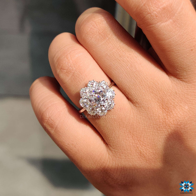 Round cut moissanite ring with cluster halo.
