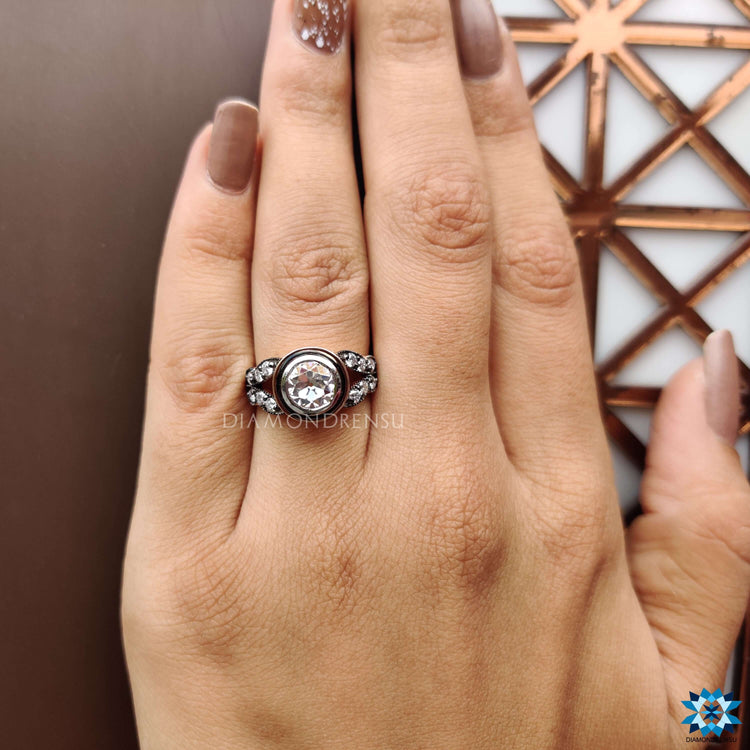 Elegant old mine cut moissanite ring with custom setting.
