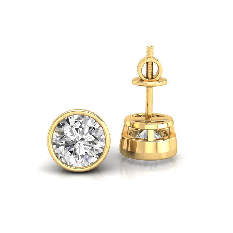 Classic round diamond bezel earrings in gold with secure setting.

