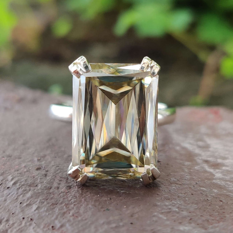 Criss cut moissanite solitaire engagement ring in white gold.
