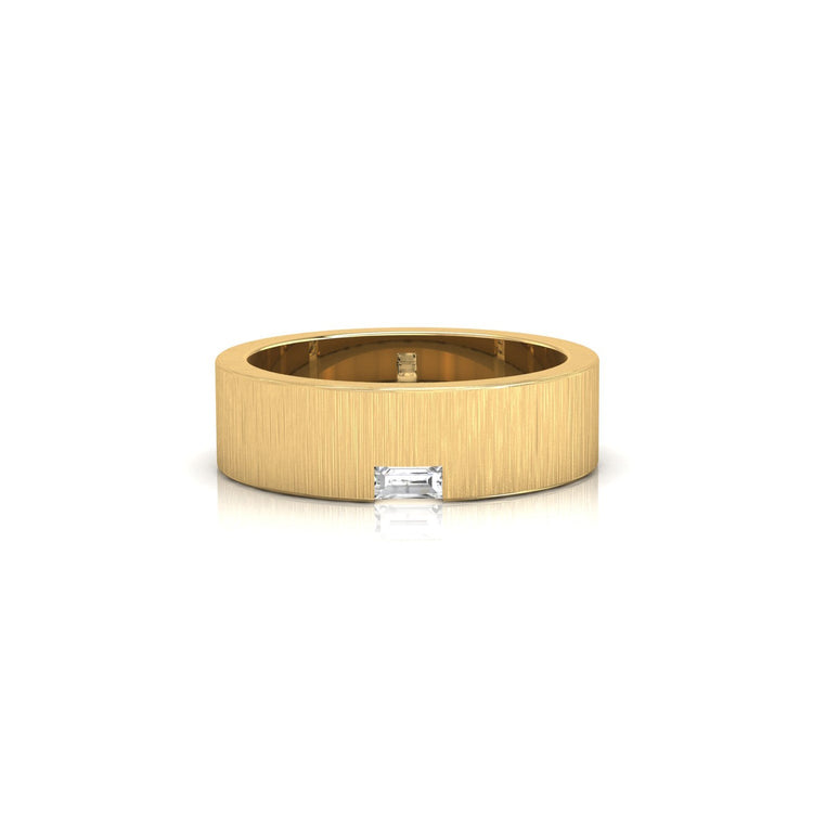White gold brush finish band with baguette cut wedding band design.
