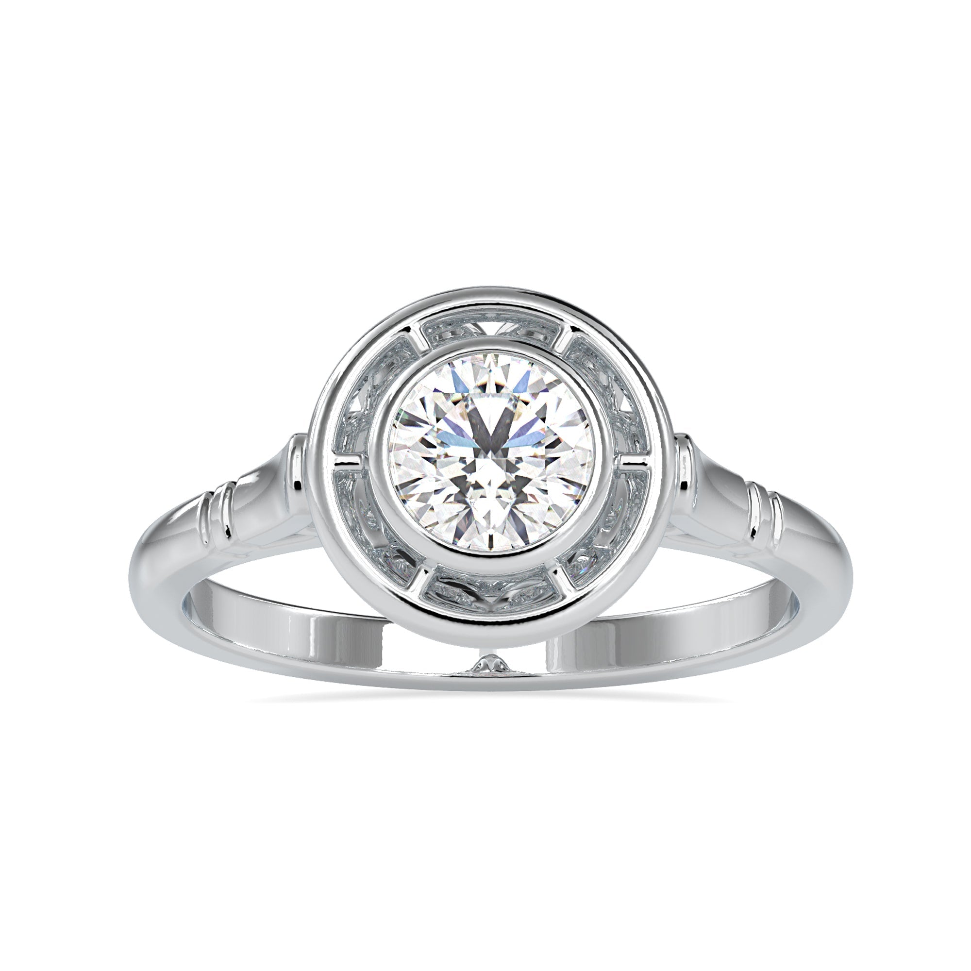 Classic cathedral setting ring with a brilliant solitaire diamond.
