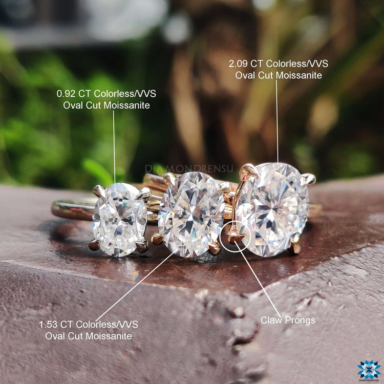 Handmade oval moissanite ring with claw prong setting.
