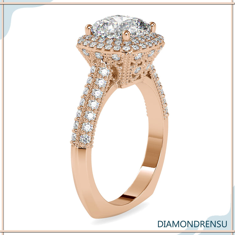 Double row pave ring in rose gold with round cut accents.
