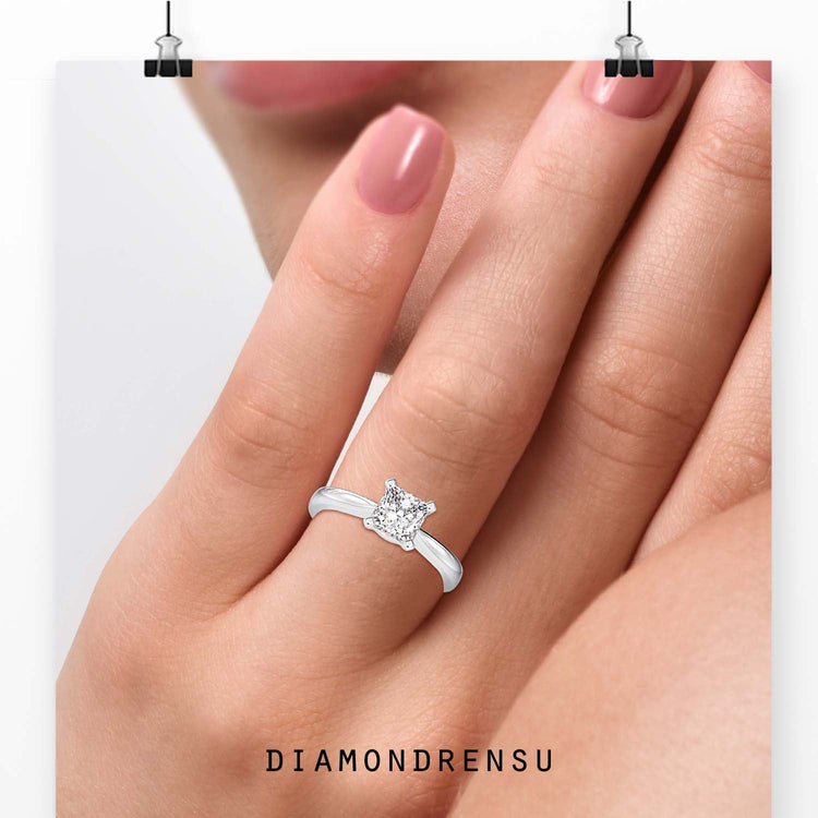 Lab grown diamond ring with princess cut solitaire in rose gold.
