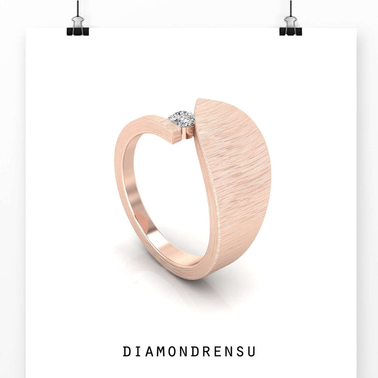 Abstract diamond men ring in rose gold with bypass mens wedding band look.
